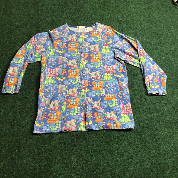 Fundamentally Cotton By White Swan Scrubs Sz S Long Sleeve Button Caterpillars - Picture 1 of 5